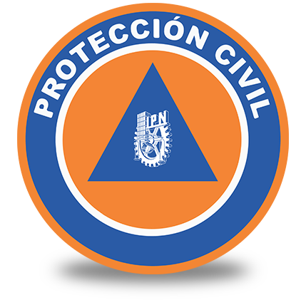 Logotipo de Protección civil, circular, en medio triangulo con escudo del IPN en medio.